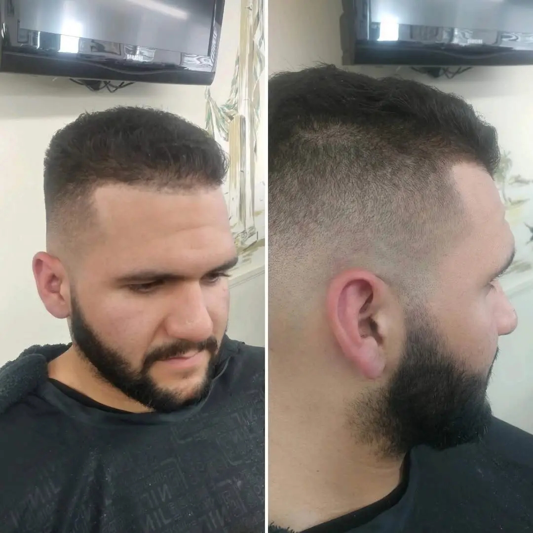 Textured top with mid fade and beard lineup